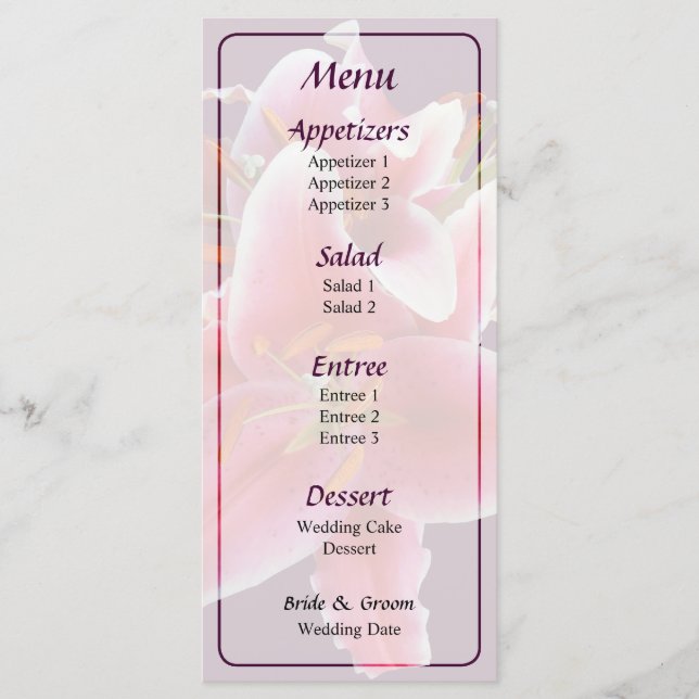 Cluster of Stargazer Lilies Wedding Menu (Front)