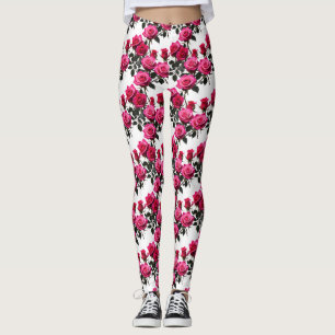 Clustered Red And Pink Roses On A Stark White  Leggings