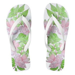 clusters of pretty pink flowers and leafs floral flip flops
