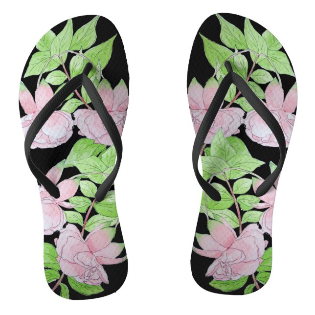 clusters of pretty pink flowers and leafs floral flip flops (Footbed)