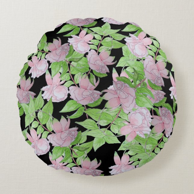 clusters of pretty pink flowers and leafs floral round cushion (Front)