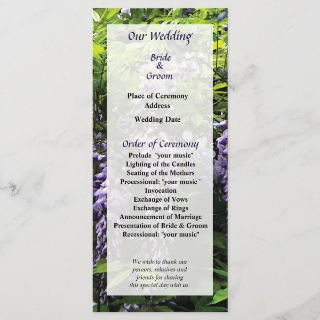 Clusters of Wisteria Wedding Program Programme (Front)