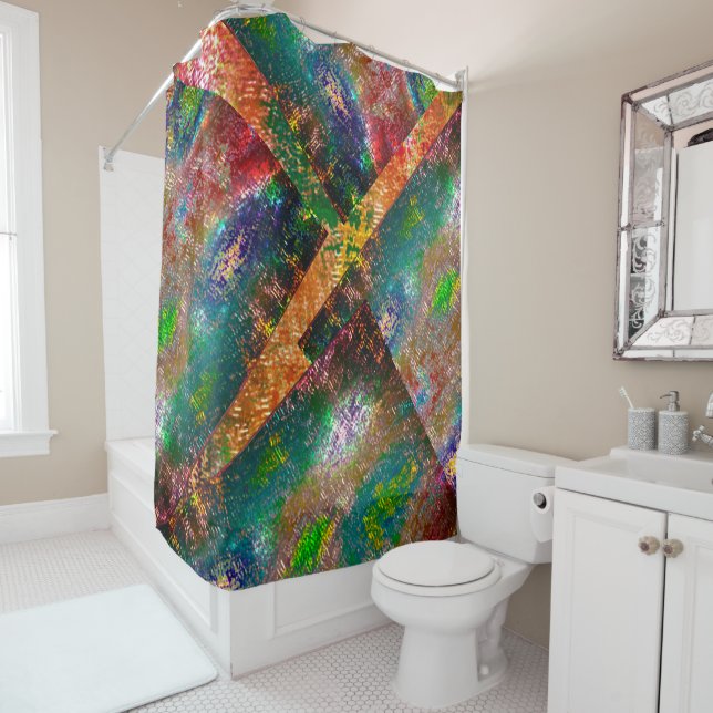 Clutter of coloured layers with rustic burnt  shower curtain (In Situ)