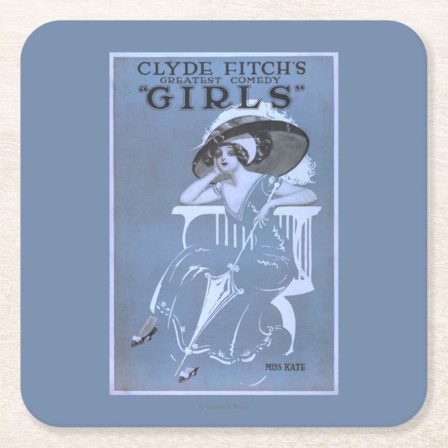Clyde Fitch's Greatest Comedy, "Girls" Theatre Square Paper Coaster (Front)