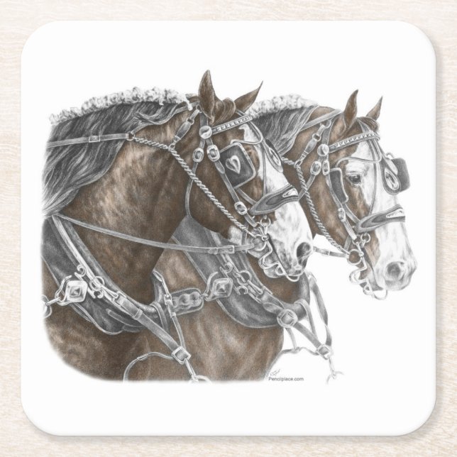 Clydesdale Draught Horse Team Square Paper Coaster (Front)