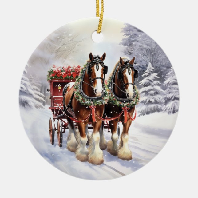 Clydesdale Horses on Ceramic Christmas Ornament (Front)
