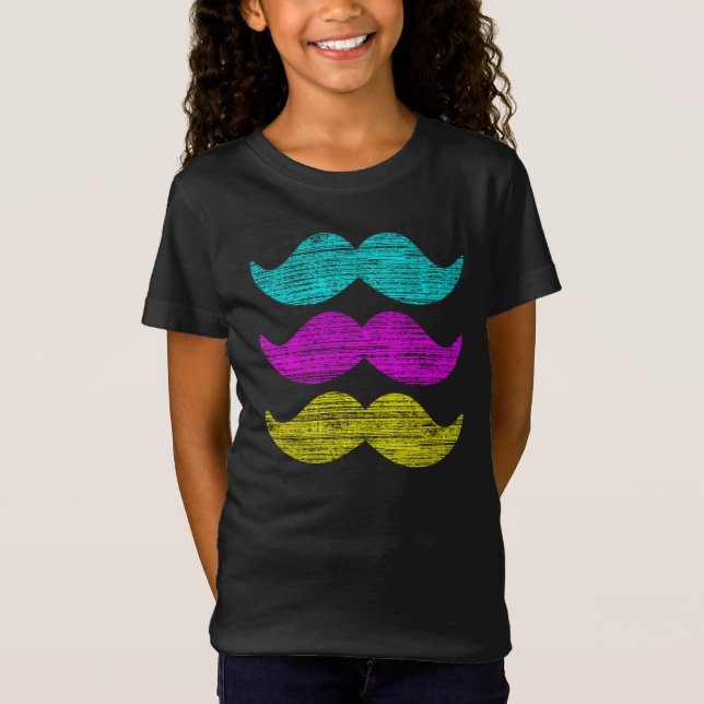 CMY Colour Moustache Print Pattern T-Shirt (Front)