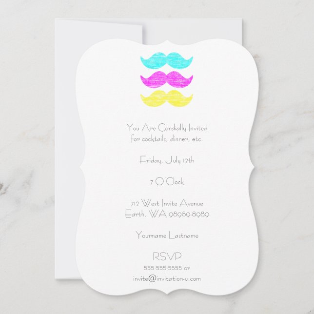 CMY Moustaches (letterpress style) Invitation (Front)