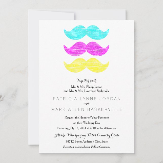 CMY Moustaches (letterpress style) Invitation (Front)