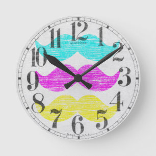 CMY Moustaches (letterpress style) Round Clock