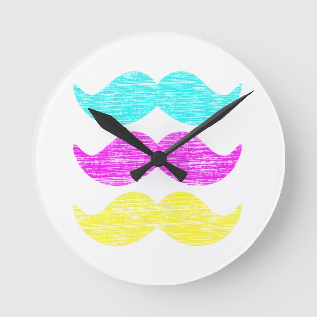 CMY Moustaches (letterpress style) Round Clock (Front)