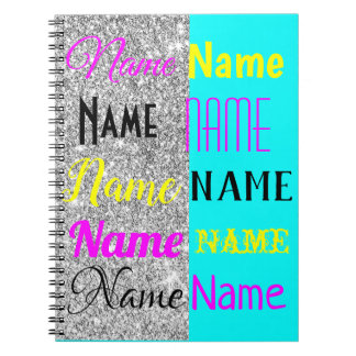 CMYK Cyan and silver glitter personalised gift Notebook