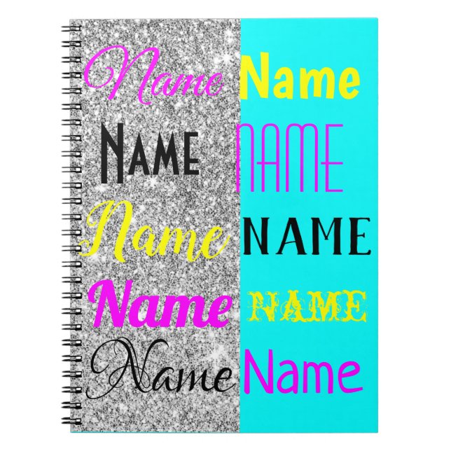 CMYK Cyan and silver glitter personalised gift Notebook (Front)