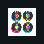 CMYK pop art vinyl records 80s style bright colors Canvas Print<br><div class="desc">A brightly coloured CMYK pop art style design of four vinyl records. Very cool design for somone who enjoys eighties 80s memorabilia and art.</div>