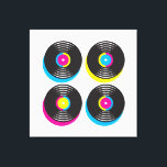 CMYK pop art vinyl records 80s style bright colors Canvas Print<br><div class="desc">A brightly coloured CMYK pop art style design of four vinyl records. Very cool design for somone who enjoys eighties 80s memorabilia and art.</div>