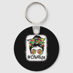 Cna Certified Nursing Istant Messy Bun Autism Awar Key Ring