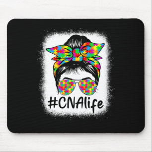 Cna Certified Nursing Istant Messy Bun Autism Awar Mouse Mat