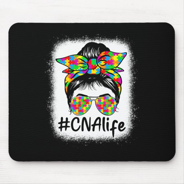 Cna Certified Nursing Istant Messy Bun Autism Awar Mouse Mat (Front)