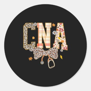 Cna Fall Plaid Leopard Bow Stethoscope Classic Round Sticker