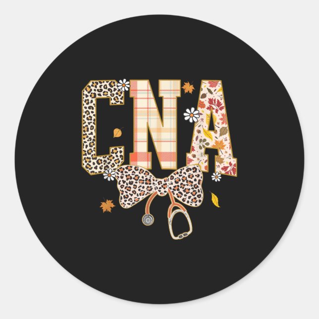 Cna Fall Plaid Leopard Bow Stethoscope  Classic Round Sticker (Front)