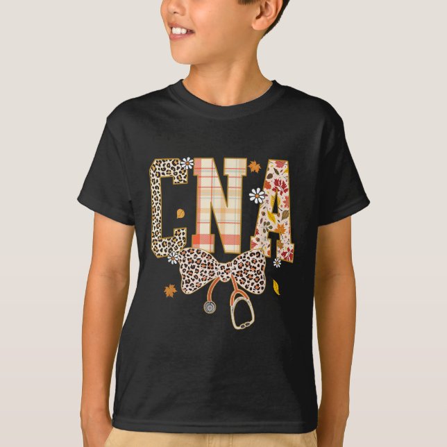 Cna Fall Plaid Leopard Bow Stethoscope  T-Shirt (Front)