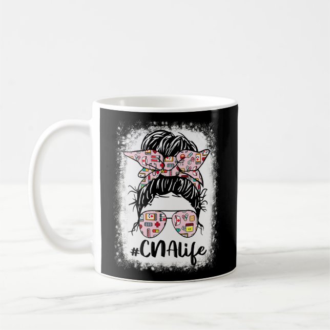 Cna Life Messy Bun Pink Leopard Bleached Nurse's D Coffee Mug (Left)