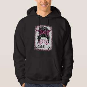 Cna Life Messy Bun Pink Leopard Bleached Nurse's D Hoodie