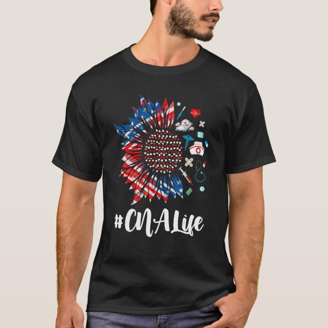 CNA Life Stethoscope Sunflower USA Flag 4th Of Jul T-Shirt (Front)