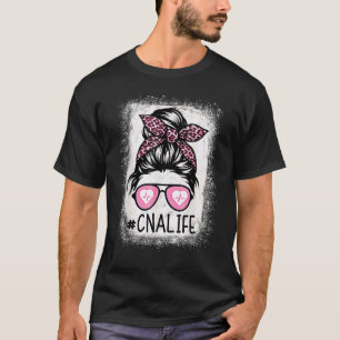 Cna Nurse Life Bleached Pink Leopard Messy Bun T-Shirt