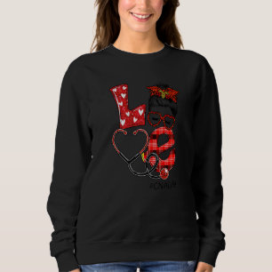 Cna Nurse Plaid Red Leopard Love Heart Messy Bun N Sweatshirt