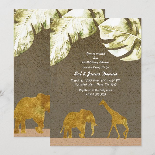 Co-ed Baby Shower Gold Safari Jungle Animals Invitation (Front/Back)