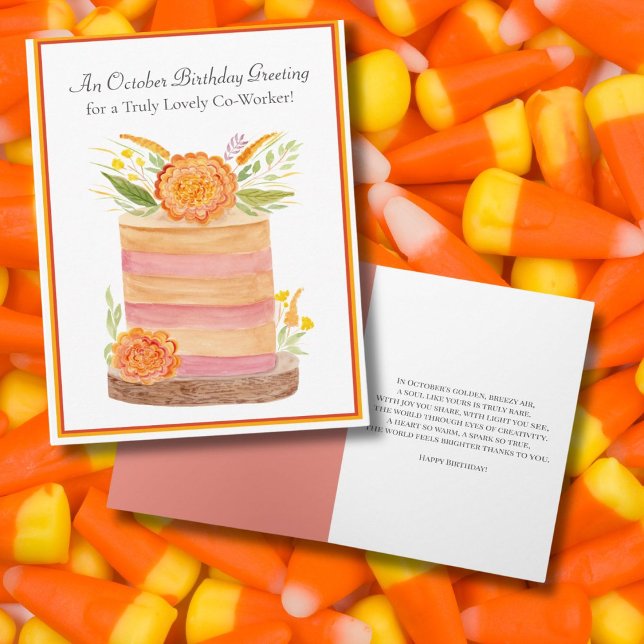 Co-Worker October Birthday Marigolds on Cake Card (Creator Uploaded)