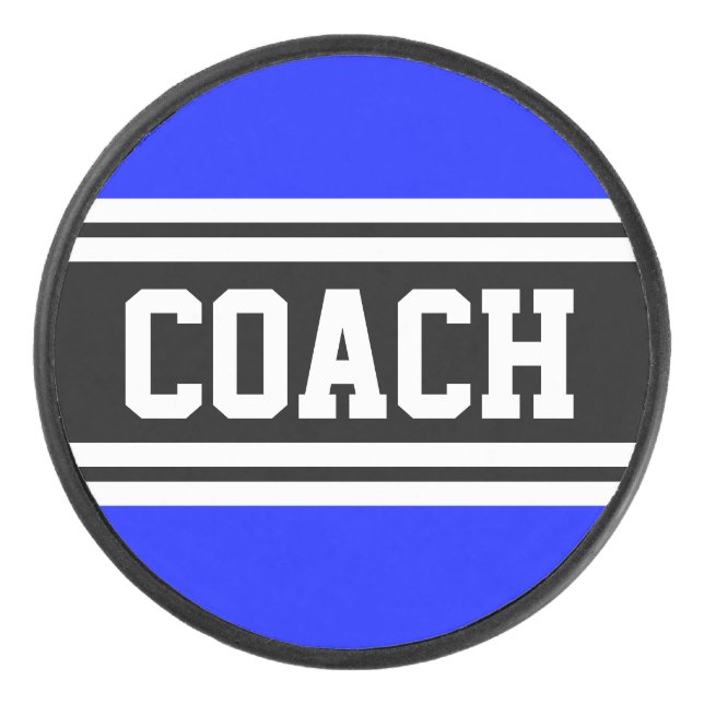 COACH Athletic Royal Blue Black White Stripes Hockey Puck (Front)