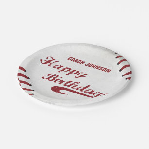 Coach Happy Birthday Large Grunge Baseball, Sport Paper Plate