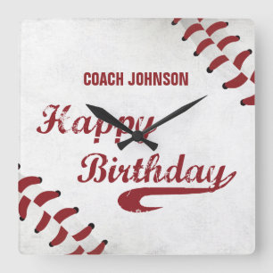 Coach Happy Birthday Large Grunge Baseball, Sport Square Wall Clock