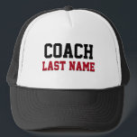 Coach Personalised Last Name Trucker Hat<br><div class="desc">Add your name in red letters with a back drop shadow to personalise this cap. the word COACH in black letters is also a template if you wish to change the team member title.</div>