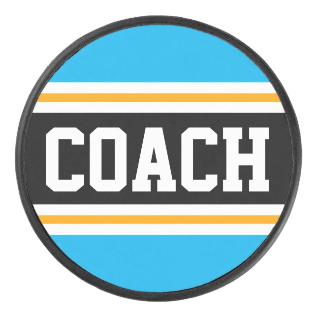 COACH Sky Blue Black White Yellow Hockey Stripes Hockey Puck (Front)