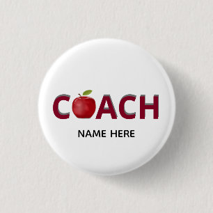 Coach text in burgundy with red apple 3 cm round badge
