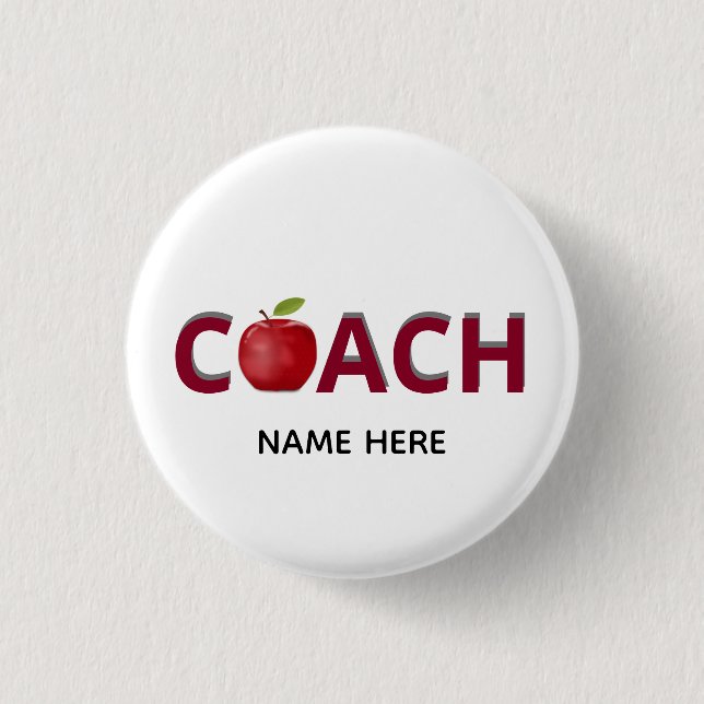 Coach text in burgundy with red apple 3 cm round badge (Front)