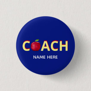 Coach text with red apple on blue 3 cm round badge
