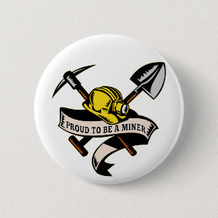 coal miner hat shovel spade pickax scroll 6 cm round badge