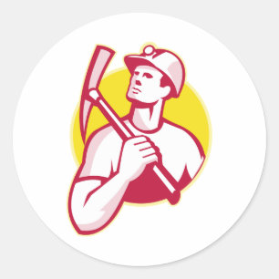 Coal Miner With Pick Axe Looking Up Retro Classic Round Sticker