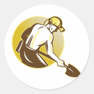 Coal Miner With Shovel Retro Woodcut Retro Classic Round Sticker