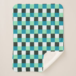 Coal White Teal Green Blue Aqua Turquoise Plaid Sherpa Blanket