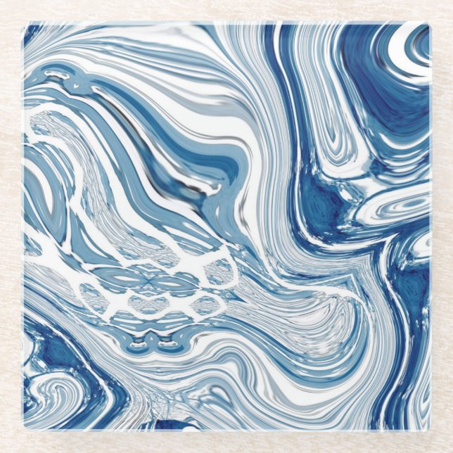 coast beach nautical waves watercolor blue swirls glass coaster (Front)