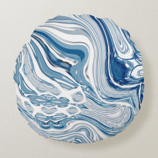 coast beach nautical waves watercolor blue swirls round cushion (Front)