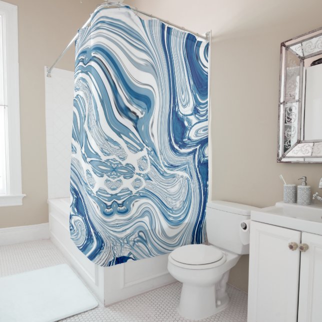 coast beach nautical waves watercolor blue swirls shower curtain (In Situ)