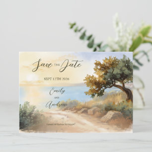 Coast Watercolor Sunset Mediterranean Full Wedding Save The Date