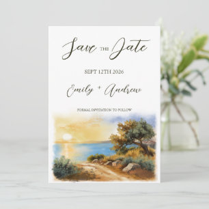 Coast Watercolor Sunset Mediterranean Half Wedding Save The Date