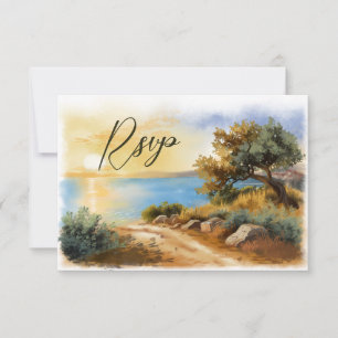 Coast Watercolor Sunset Mediterranean QR code RSVP Card